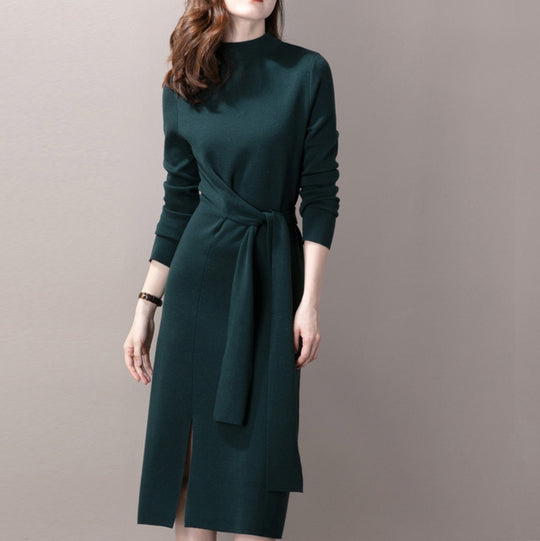 Damen Elegantes Strickkleid mit seitlichem Schlitz und tailliertem Gürtel Heidi-Mode