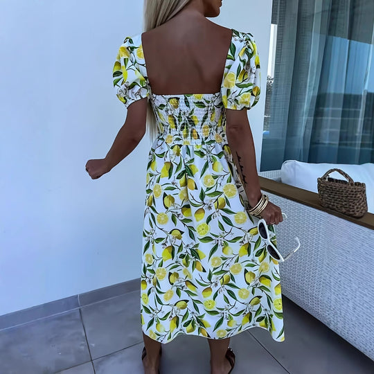 Damen Maxikleid mit fruchtigem Print und seitlichem Schlitz Heidi-Mode