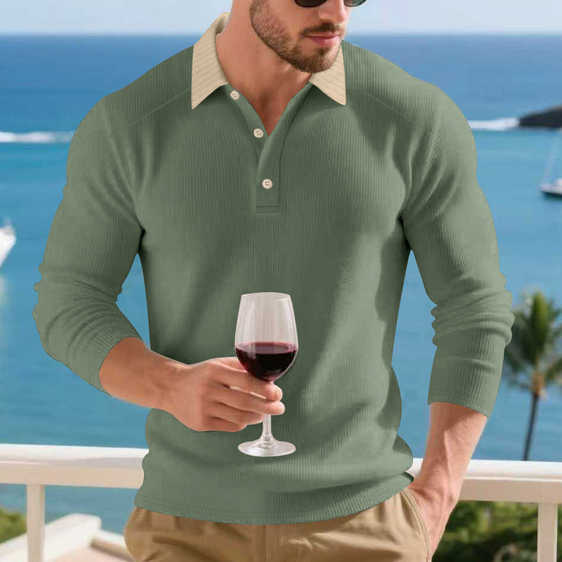 Herren Langarm Poloshirt mit strukturiertem Design und kontrastierendem Stehkragen Heidi-Mode