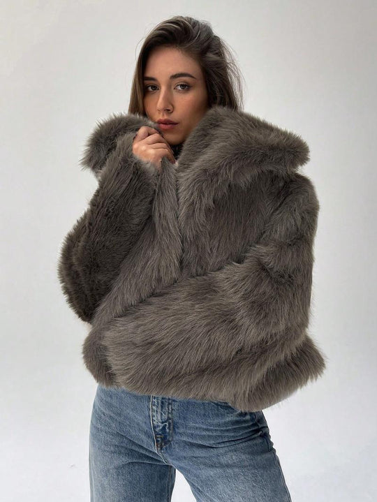 Damen Modischer Kunstpelz-Cropped-Jacke mit voluminösen Ärmeln Heidi-Mode