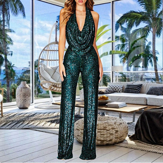 Damen Glitzerndes Jumpsuit mit tiefem V-Ausschnitt und weitem Bein Heidi-Mode