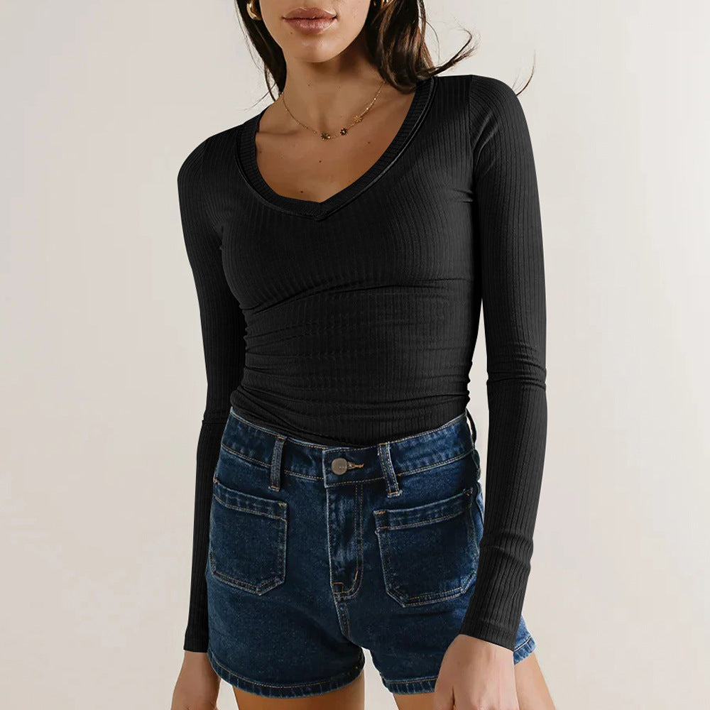 Damen Langarmshirt mit V-Ausschnitt und Rippstruktur Heidi-Mode