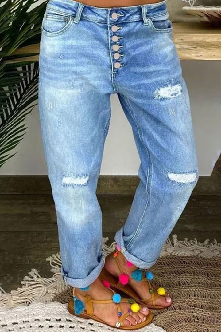 Damen Boyfriend Jeans mit Knopfleiste und distressed Effekten Heidi-Mode