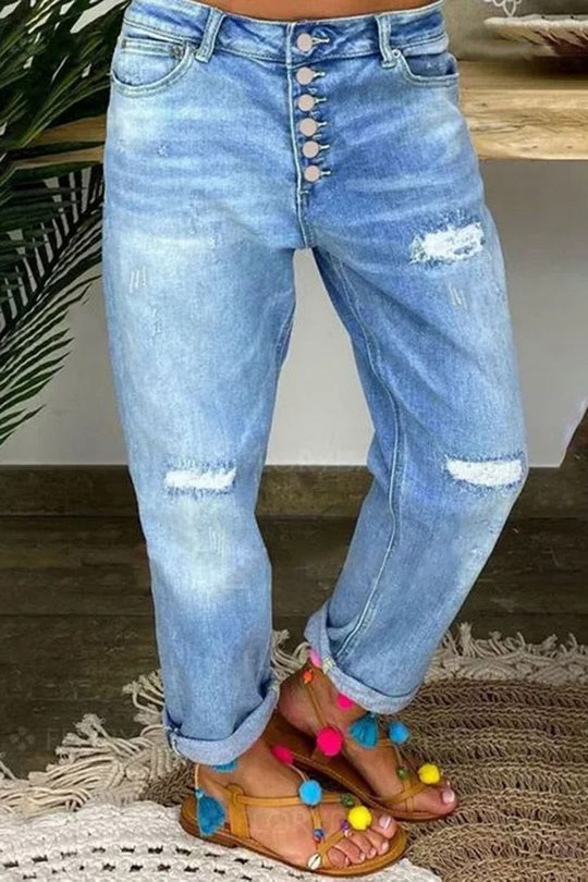 Damen Boyfriend Jeans mit Knopfleiste und distressed Effekten Heidi-Mode