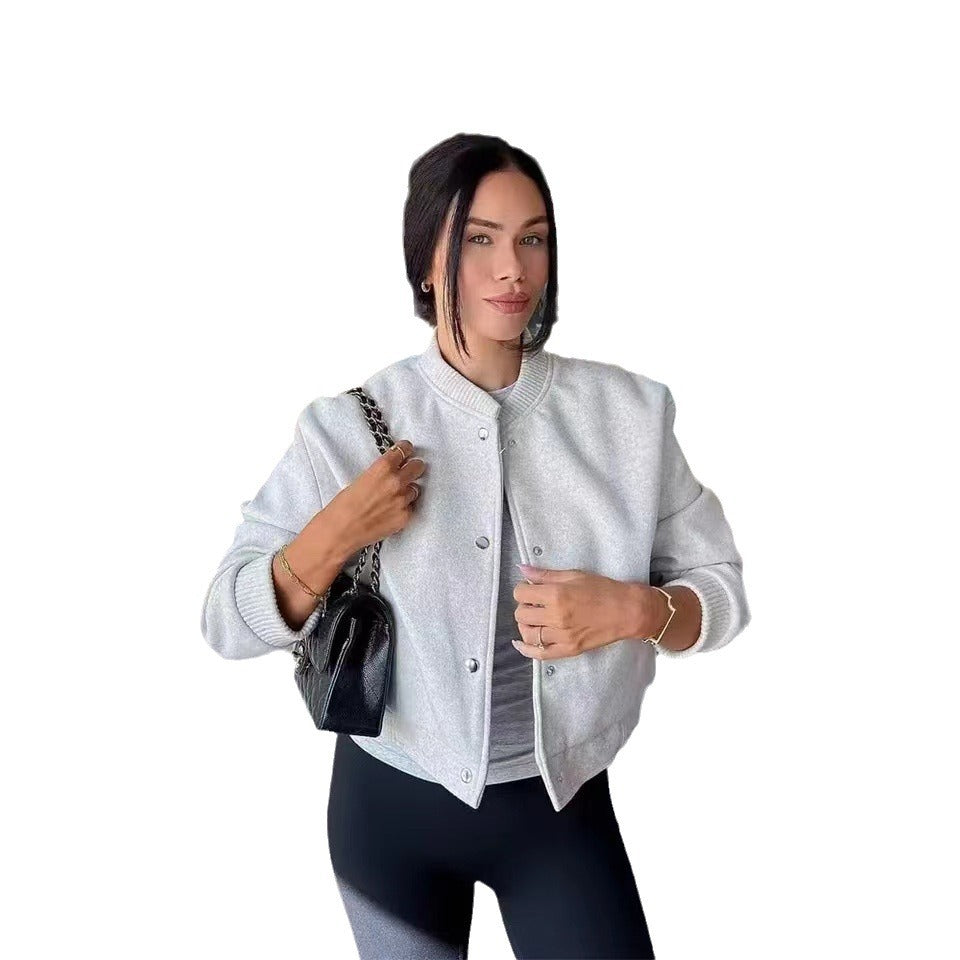 Damen Cropped Jacke mit modernem Stehkragen und Druckknopfverschluss Heidi-Mode