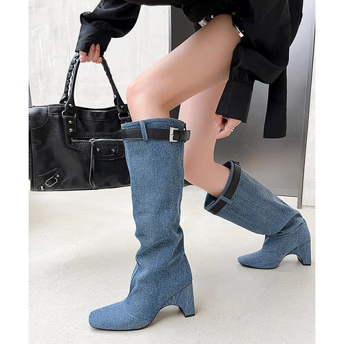 Femme High-Cut Denim Über-die-Knie Stiletto-Stiefel Heidi-Mode