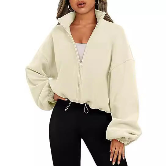 Damen Oversized Sweatjacke mit halbem Reißverschluss und Kordelzug Heidi-Mode