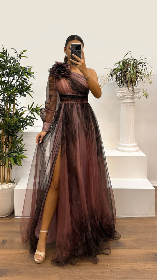 Heidi-Mode | Frühling Herbst Schräg Schulter Mesh Blumenmuster Kleid Lässig Locker Festlich Kleid