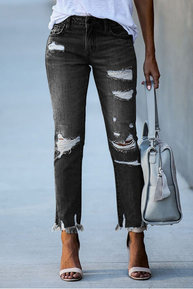 Damen Ripped High-Waist Jeans mit fransigem Saum und modischen Destroyed-Details Heidi-Mode