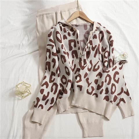 Damen lässiges Hoodie- und Jogginganzug-Set mit Leopardenmuster Heidi-Mode