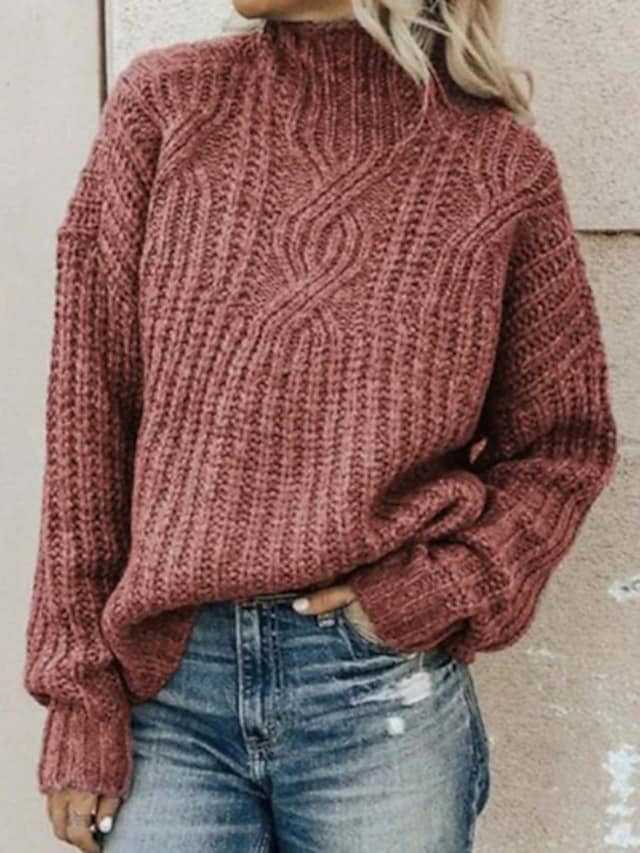 Damen Grober Strickpullover mit hohem Kragen und Zopfmuster Heidi-Mode