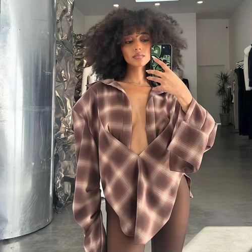 Damen Oversized Karo-Hemdbluse mit tiefem V-Ausschnitt und lässigem Schnitt Heidi-Mode