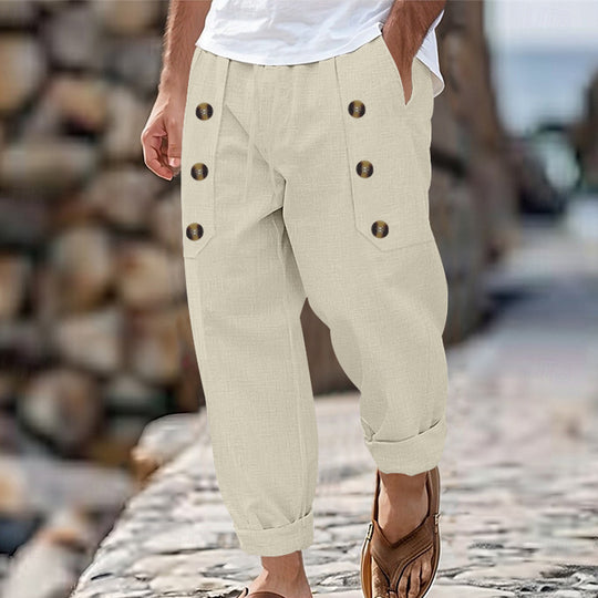 Herren Bequeme Leinenhose mit seitlichen Knöpfen und elastischem Bund Heidi-Mode