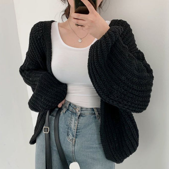 Damen Grobstrick Cardigan mit lässigem Schnitt und voluminösen Ärmeln Heidi-Mode