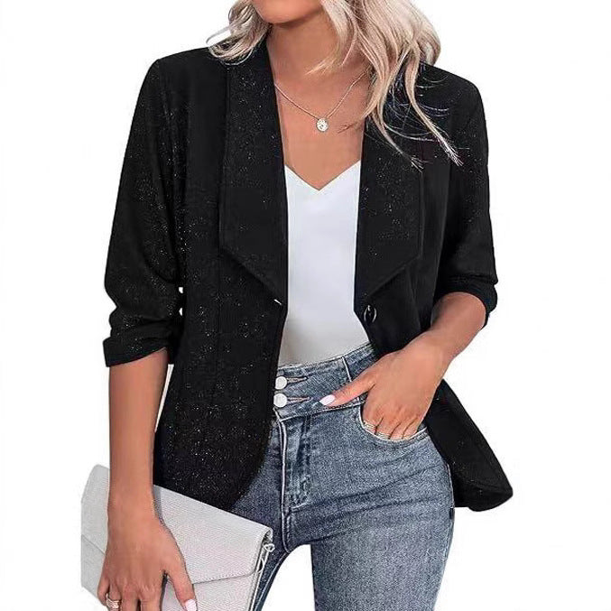 Damen Glitzer Blazerjacke mit femininer Silhouette und elegantem Revers Heidi-Mode