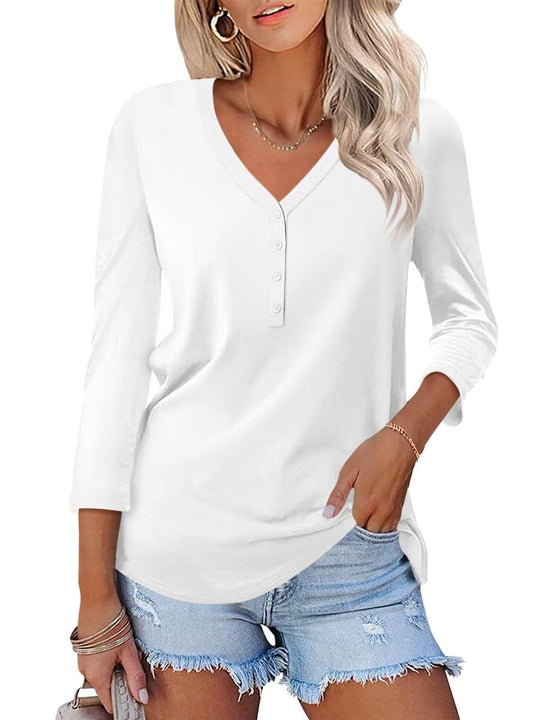 Damen Langarm T-Shirt mit Knopfleiste und V-Ausschnitt Heidi-Mode