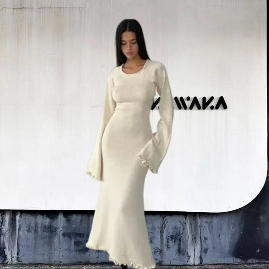 Damen Elegantes Maxikleid mit raffiniertem Rippdesign und fransigen Ärmeln Heidi-Mode