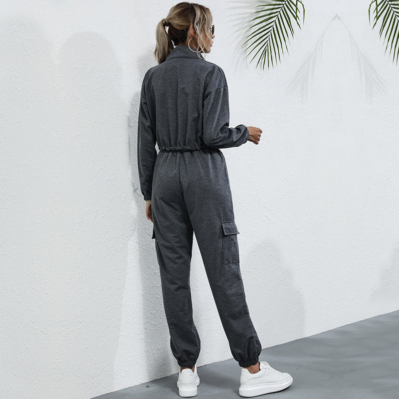 Damen Freizeit-Jumpsuit mit halbem Reißverschluss und praktischen Taschen Heidi-Mode