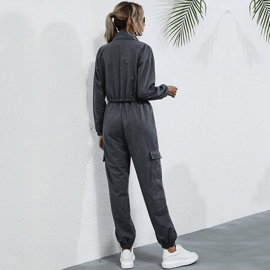 Damen Freizeit-Jumpsuit mit halbem Reißverschluss und praktischen Taschen Heidi-Mode