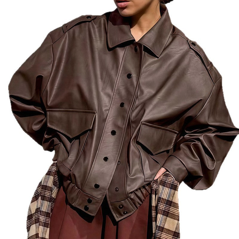 Damen Oversized Kunstlederjacke mit dekorativen Taschen und modischer Schnürung Heidi-Mode