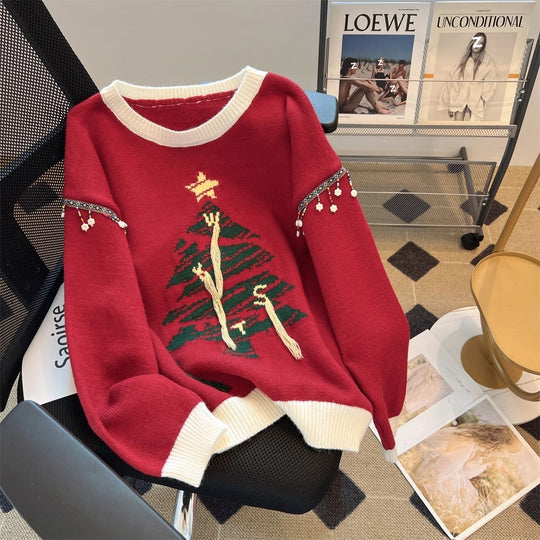 Damen festlicher Strickpullover mit Tannenbaum-Motiv und verspielten Akzenten Heidi-Mode