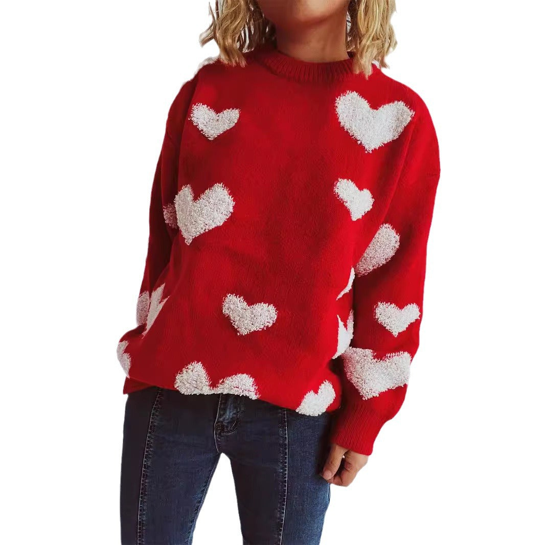 Damen Pullover mit Herzmuster und flauschigen Applikationen Heidi-Mode