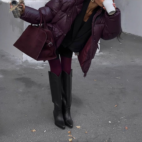 Damen Oversized Daunenjacke mit sichtbarem Steppdesign und hohem Kragen Heidi-Mode