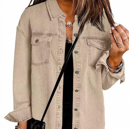 Damen Denim Overshirt mit fransigem Saum und Brusttaschen Heidi-Mode