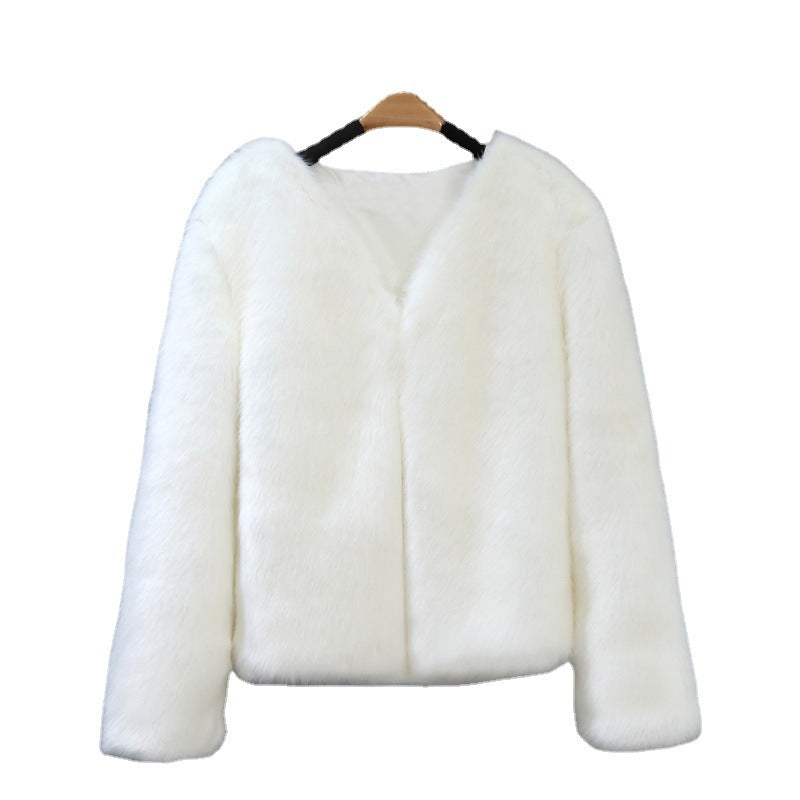 Damen Elegante Kunstfelljacke mit V-Ausschnitt und weichem Innenfutter Heidi-Mode