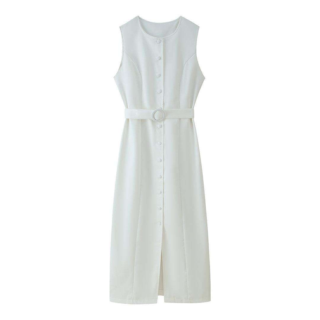 Damen ärmelloses Wickelkleid mit Knopfverschluss und Taillengürtel Heidi-Mode
