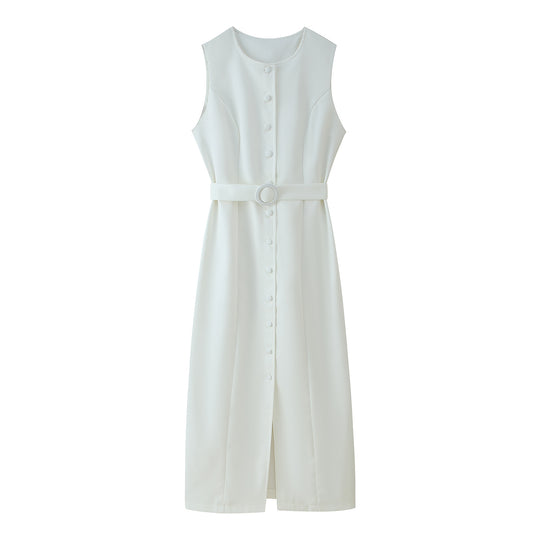 Damen ärmelloses Wickelkleid mit Knopfverschluss und Taillengürtel Heidi-Mode