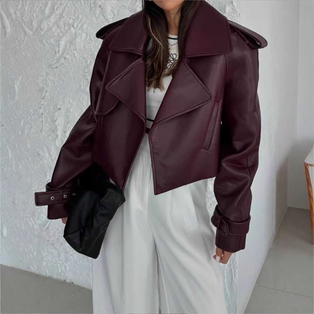 Damen Kunstlederjacke im modischen Biker-Stil mit breitem Revers Heidi-Mode