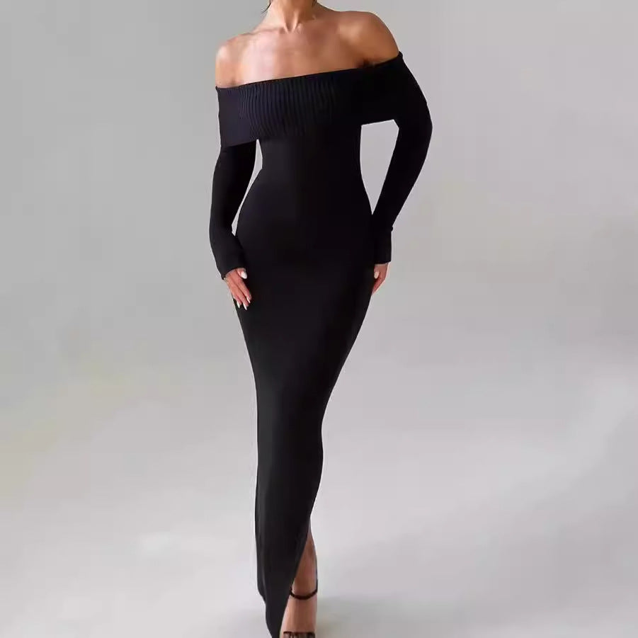 Damen Figurbetontes Off-Shoulder Maxikleid mit langen Ärmeln Heidi-Mode