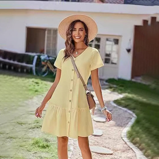 Damen Knielanges Hemdblusenkleid mit Knopfleiste und Rüschen Heidi-Mode