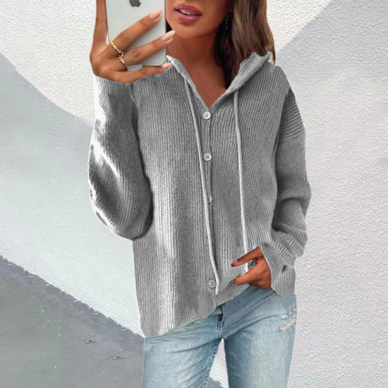 Damen Strickjacke mit Kapuze und Knopfleiste Heidi-Mode