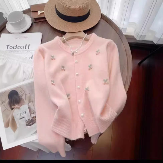 Damen Elegante Strickjacke mit floralen Applikationen Heidi-Mode