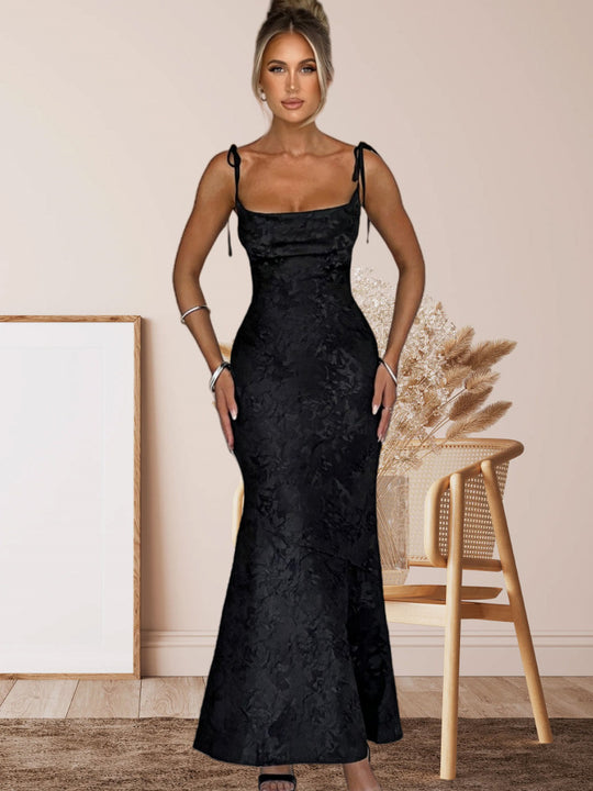 Damen Etuikleid mit floralem Jacquardmuster und verstellbaren Spaghetti-Trägern Heidi-Mode