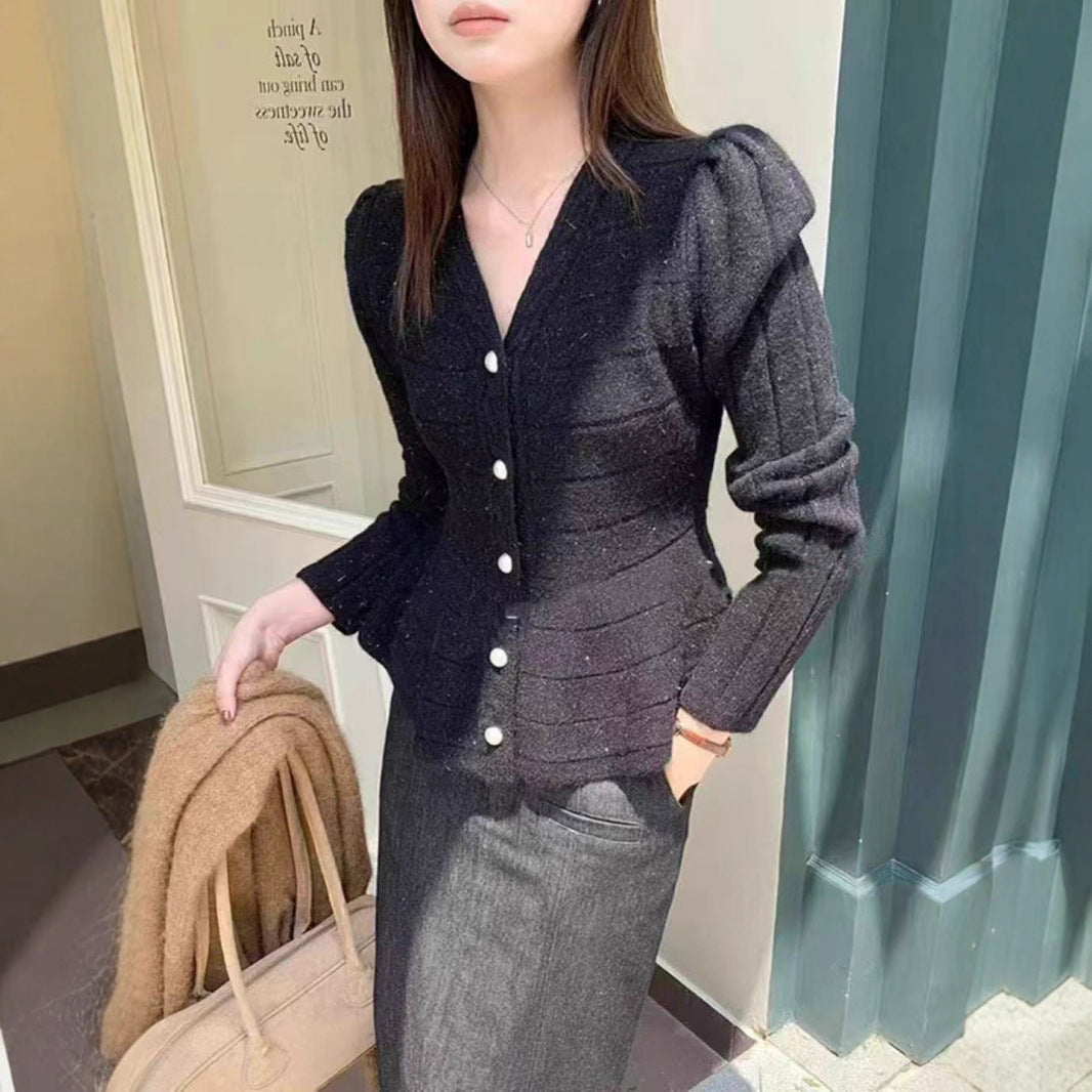 Damen elegante Strickjacke mit strukturiertem Design und femininen Puffärmeln Heidi-Mode