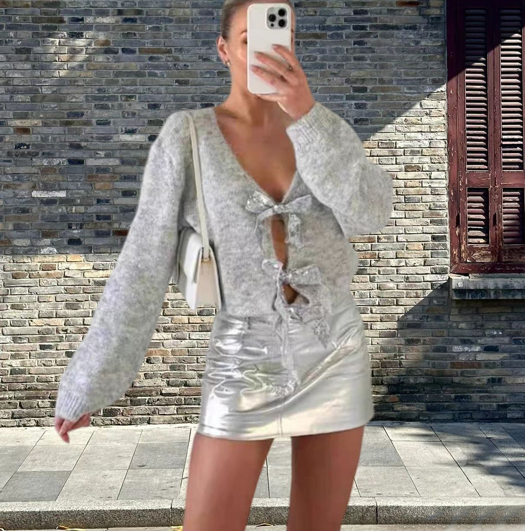 Damen Elegante Strickjacke mit glitzerndem Banddetail Heidi-Mode