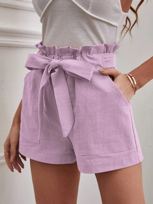 Damen kurze Lockere Leinenhose mit Bindegürtel Heidi-Mode