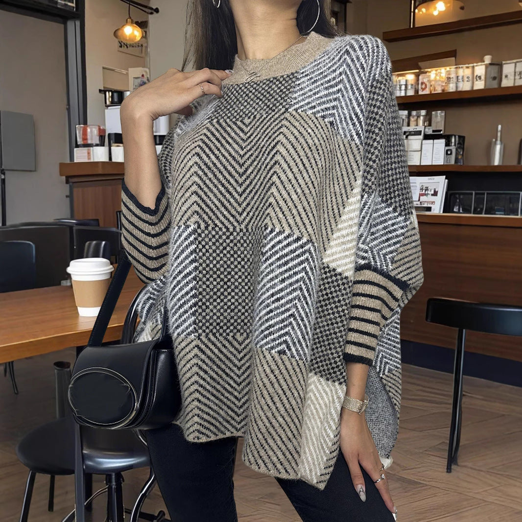 Damen asymmetrischer Strickpullover mit Zickzackmuster Heidi-Mode
