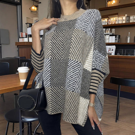 Damen asymmetrischer Strickpullover mit Zickzackmuster Heidi-Mode