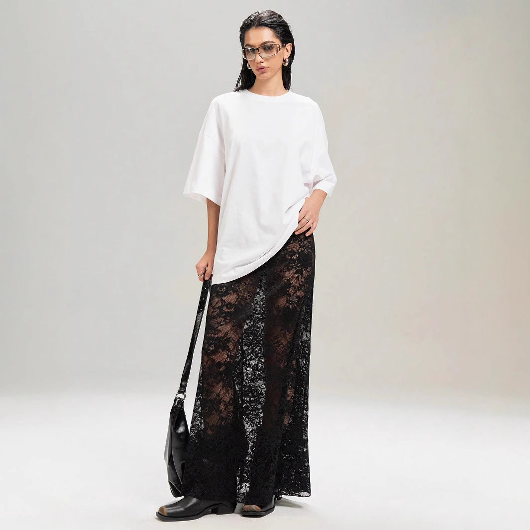 Damen Maxirock aus eleganter Spitze mit hohem Schlitz und voluminösem Schnitt Heidi-Mode