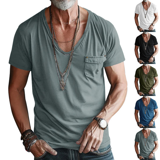 Herren hochwertiges V-Ausschnitt T-Shirt mit praktischer Brusttasche Heidi-Mode