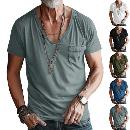 Herren hochwertiges V-Ausschnitt T-Shirt mit praktischer Brusttasche Heidi-Mode