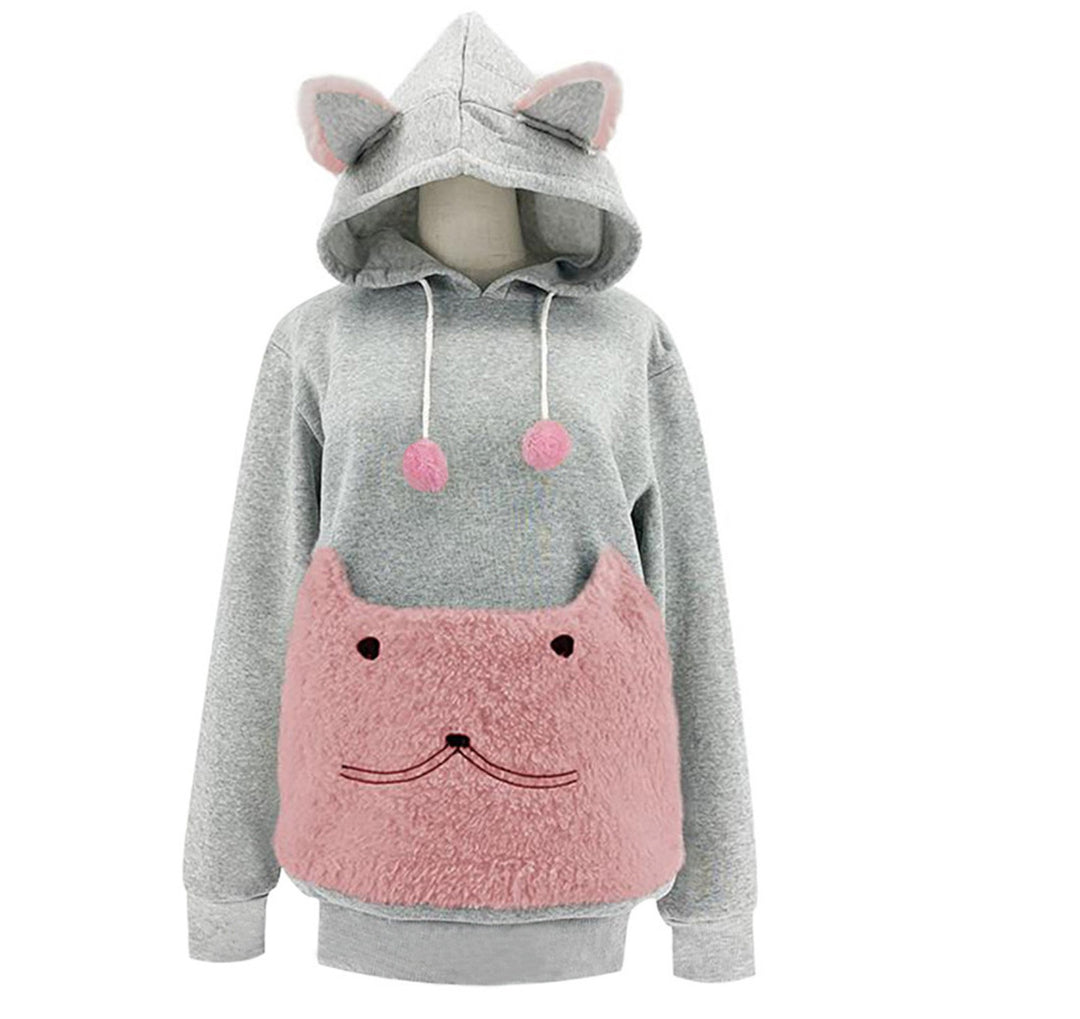 Damen Kuscheliger Kapuzenpullover mit Katzenmotiv und praktischer Känguru-Tasche Heidi-Mode