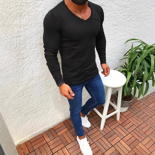 Herren elegantes Langarmshirt mit V-Ausschnitt und figurbetontem Schnitt Heidi-Mode