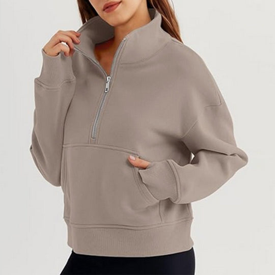 Damen lässiger Pullover mit hohem Kragen und kurzer Reißverschluss Heidi-Mode