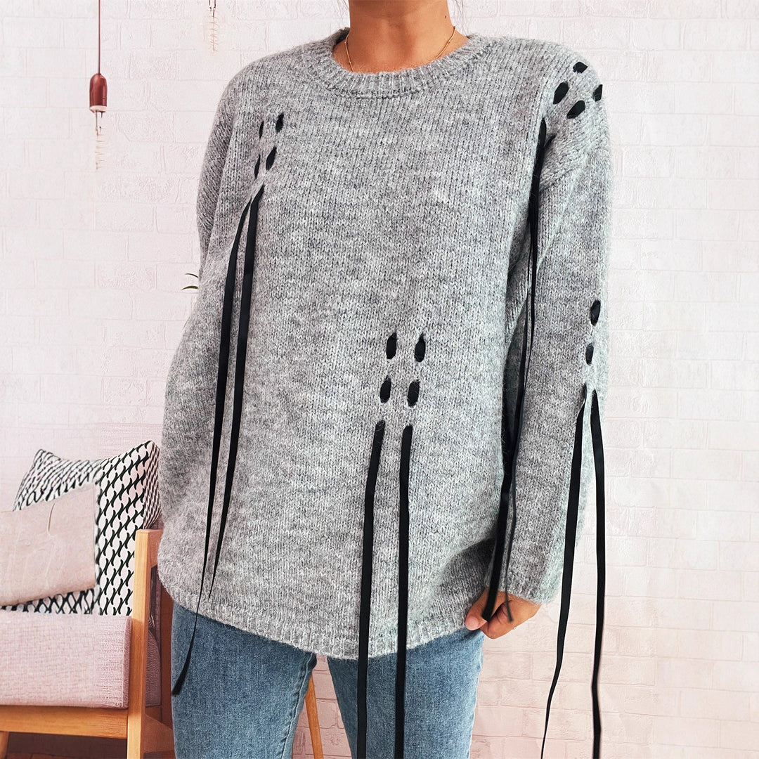 Damen lässiger Strickpullover mit dekorativen Bindebändern Heidi-Mode