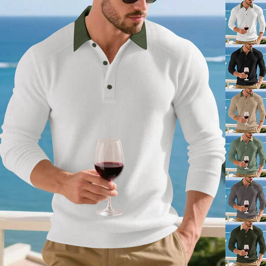 Herren Langarm Poloshirt mit strukturiertem Design und kontrastierendem Stehkragen Heidi-Mode